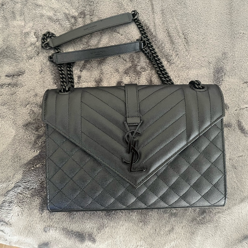 SOLD - Authentic BLACK Envelope Triquilt Medium YSL Shoulder Bag in Leather